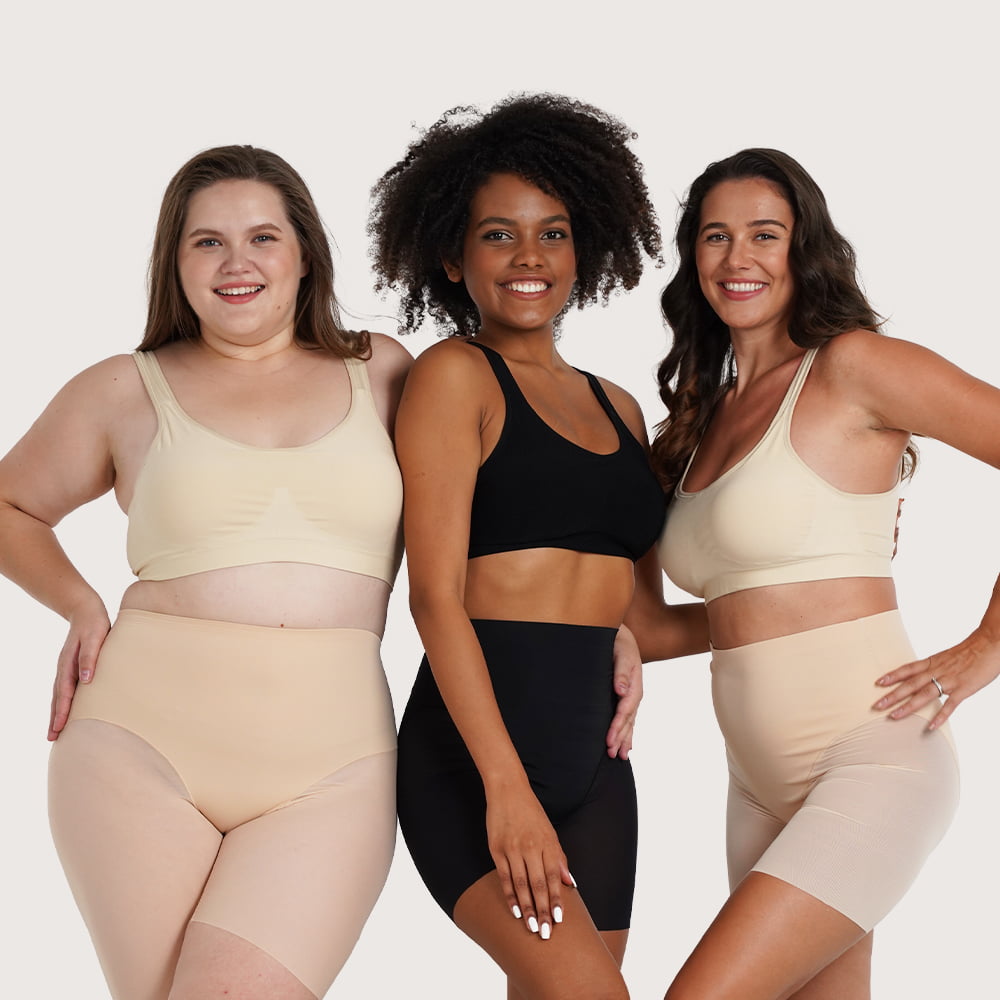 Drei Frauen tragen Shapewear in unterschiedlichen Hauttönen